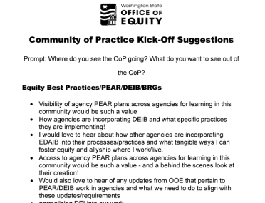 A preview of the pdf Community of Practice Kick-Off Suggestions document. Download a pdf for full access.