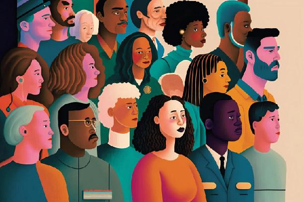 an illustration of racially diverse crowd.  There are people of various ages, races, and ethnicities all looking towards the right