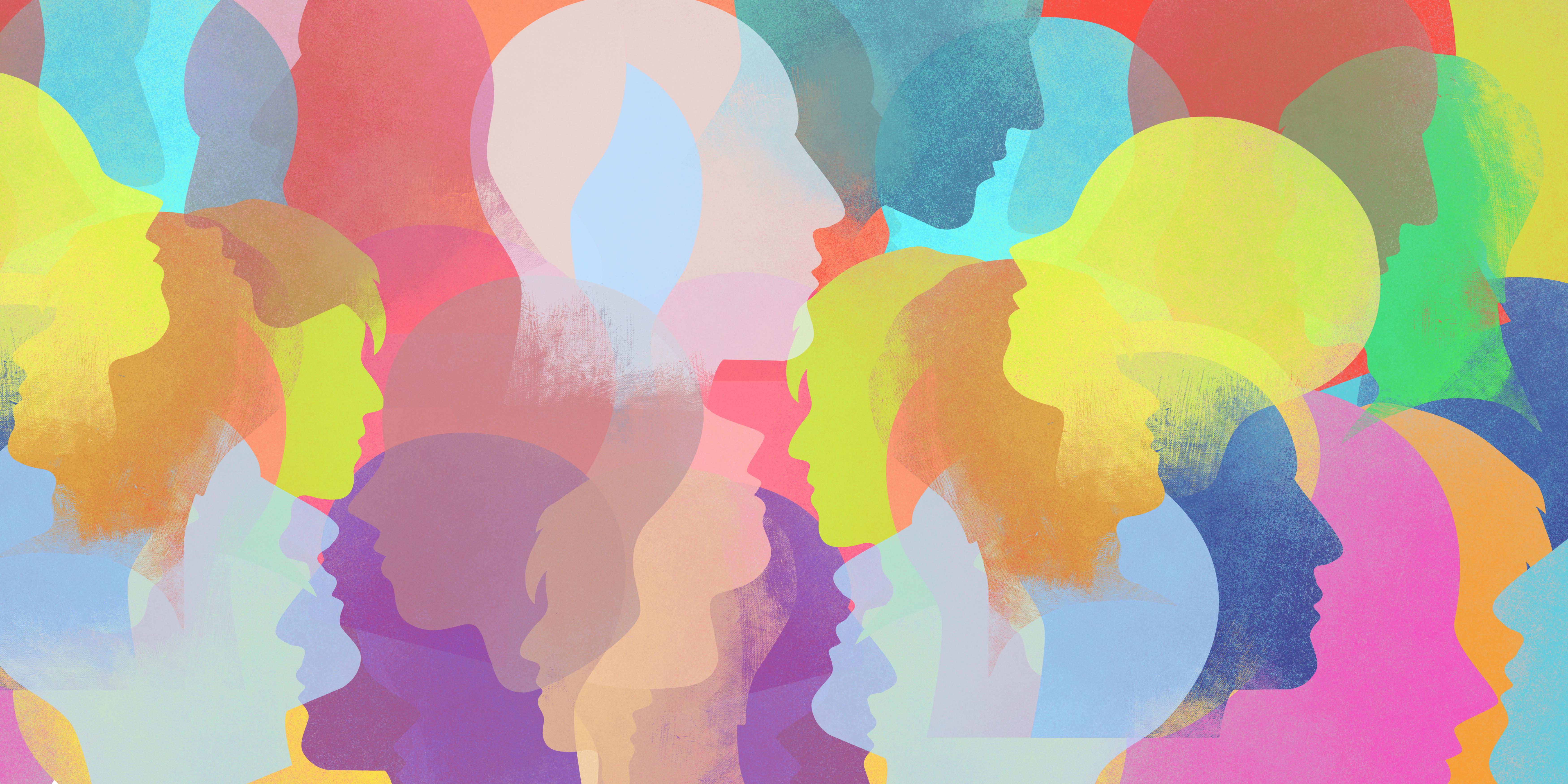 a vector image of colorful silhouettes of people in a crowd