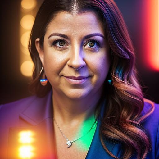 A close up shot of a woman with medium length brown hair to her shoulders.  Filters have been added to add stylized lighting effects to add fake lights in the background and Bokeh light effects on the front of her purple collared shirt.