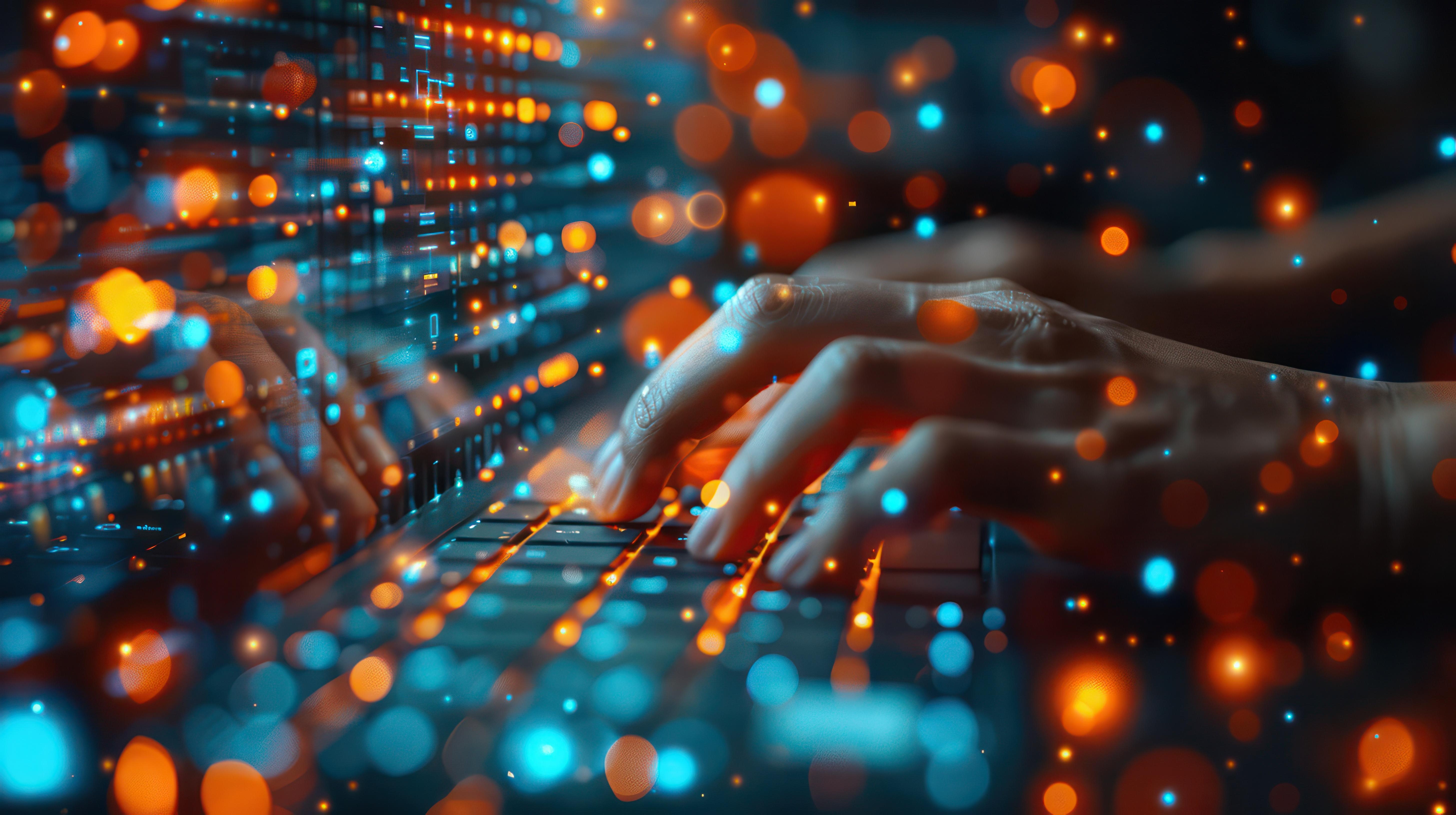 Close-up of hands typing on keyboard with online course platform on screen. Demonstrate the accessibility of e-learning.