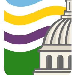 Logo with half the Washington state capitol dome with a blue sky and a sun and yellow, purple, and green color waves coming from behind the capitol building